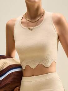 Muvela Stylish Knit Crop Top And Shorts Set For Women Apricot Scalloped Knitwear Outfit