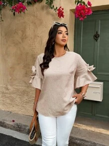 SHEIN Holidaya 大码女式格子圆领蝴蝶袖时尚衬衫，夏季 - 卡其色 - 查看 5