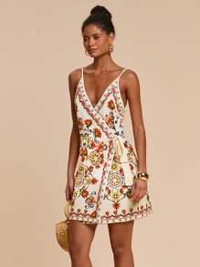 Travachic 度假风黑鹦鹉、棕榈树和樱花花卉印花裹身式蝴蝶结波西米亚连衣裙 - 彩色 - 查看 3