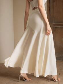 Anewsta Navy Blue Maxi A-Line Casual Skirt With Elegant Flared Hem, Versatile And Slimming - Apricot - View 3