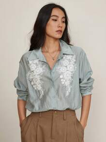 DAZY Women's Dusty Blue Elegant Sequin & Beaded Floral Embroidered Chiffon Blouse,Autumn Brunch Loose Office Commuter Long Sleeve Shirt Business Casual Top - Dusty Blue - View 7