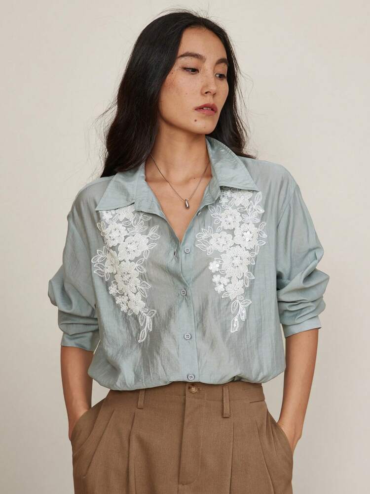 Loose Office Commuter Elegant Sequin & Beaded Floral Embroidered Chiffon Blouse Shirt, Suitable For Summer, Spring And Autumn,Fall Women Clothes Long Sleeve Top Business Casual Woman