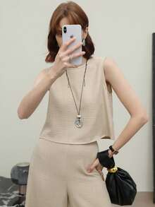 EMERY ROSE Conjunto De Dos Piezas Para Mujer: Chaleco De Cuello Redondo Y Pantalones Anchos De Un Solo Color