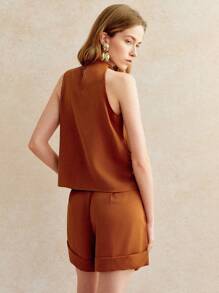 Écloséra Elegant Rust Brown Summer Two Pieces Suit For Ladies, Retro Halter Neck Sleeveless Fitted Pleated Beaded Mushroom Button Decorative Brunch Outfit - Rust Brown - View 2
