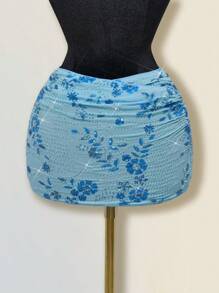 SHEIN ICON 女式亮片刺绣褶饰紧身迷你裙 - 藍色 - 查看 8