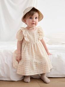 Cozy Pixies Baby Girl Jacquard Knitted Round Neck Ruffle Trim Waist Dress - Apricot - View 4