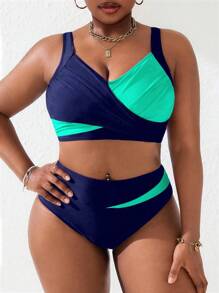 Slaydiva 2pcs Plus Size Women Black & Blush Splice Ruched Tankini Swimsuit Set, Suitable For Beach & Holiday For Summer Beach Vacation