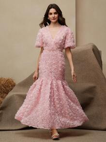 Anewsta 3D玫瑰贴花V领优雅短袖夏装 - 粉色 - 查看 4