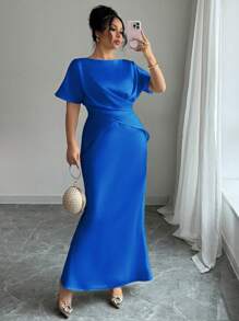 Elenzga 大码女式春夏优雅法式时尚奢华办公室、约会、通勤、休闲、度假、下午茶 V 领交叉腰鱼尾下摆二合一短袖缎面正式长裙