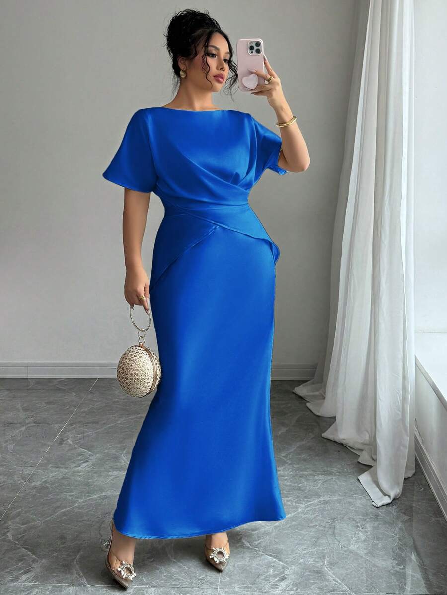 Elenzga 大码女式春夏优雅法式时尚奢华办公室、约会、通勤、休闲、度假、下午茶 V 领交叉腰鱼尾下摆二合一短袖缎面正式长裙