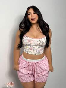 Firerie Plus Size Women Casual Loose Shorts With Elegant Color Blocking, Heart Stripes Print, Suitable For Spring/Summer, Vacation & Home, Comfy - Pink - View 4