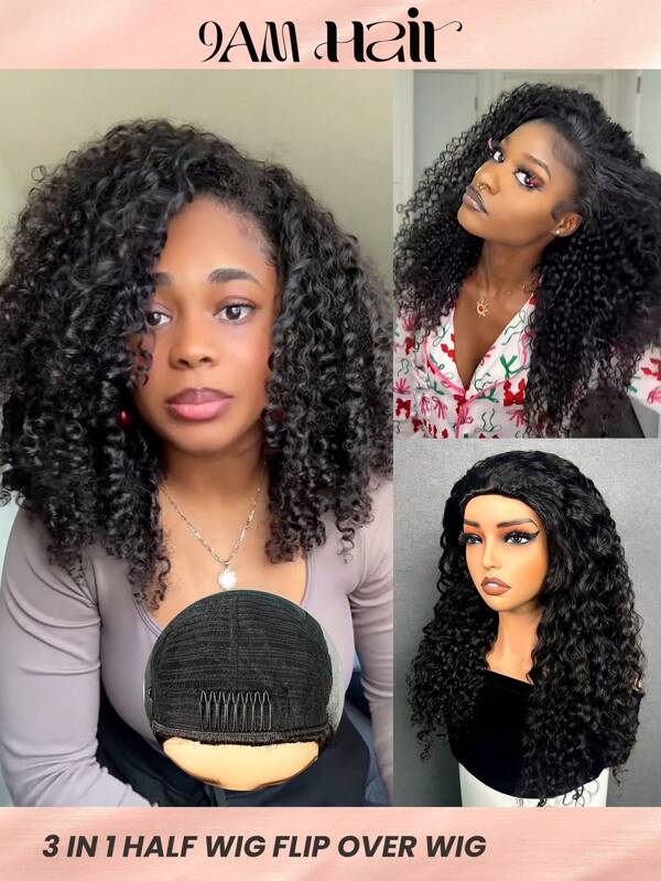 3 IN 1 HALF WIG Naadloze Water Wave Wig Flip Over Wig Menselijk Haar Geen Lijm Geen Kant Pruik 180% Dichtheid 14-28 Inch Natuurlijke Kleur Zwart Natuurlijke Haarlijn Beginnersvriendelijk