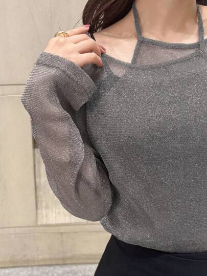 FRIFUL Women's Long Sleeve Sheer Mesh Layered See-Through Blouse, Autumn