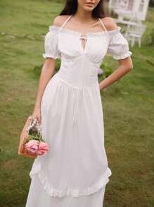 Modelyn Women's Solid Color Off-Shoulder Flounce Hem Short Sleeve Elegant Dress - White - View 1