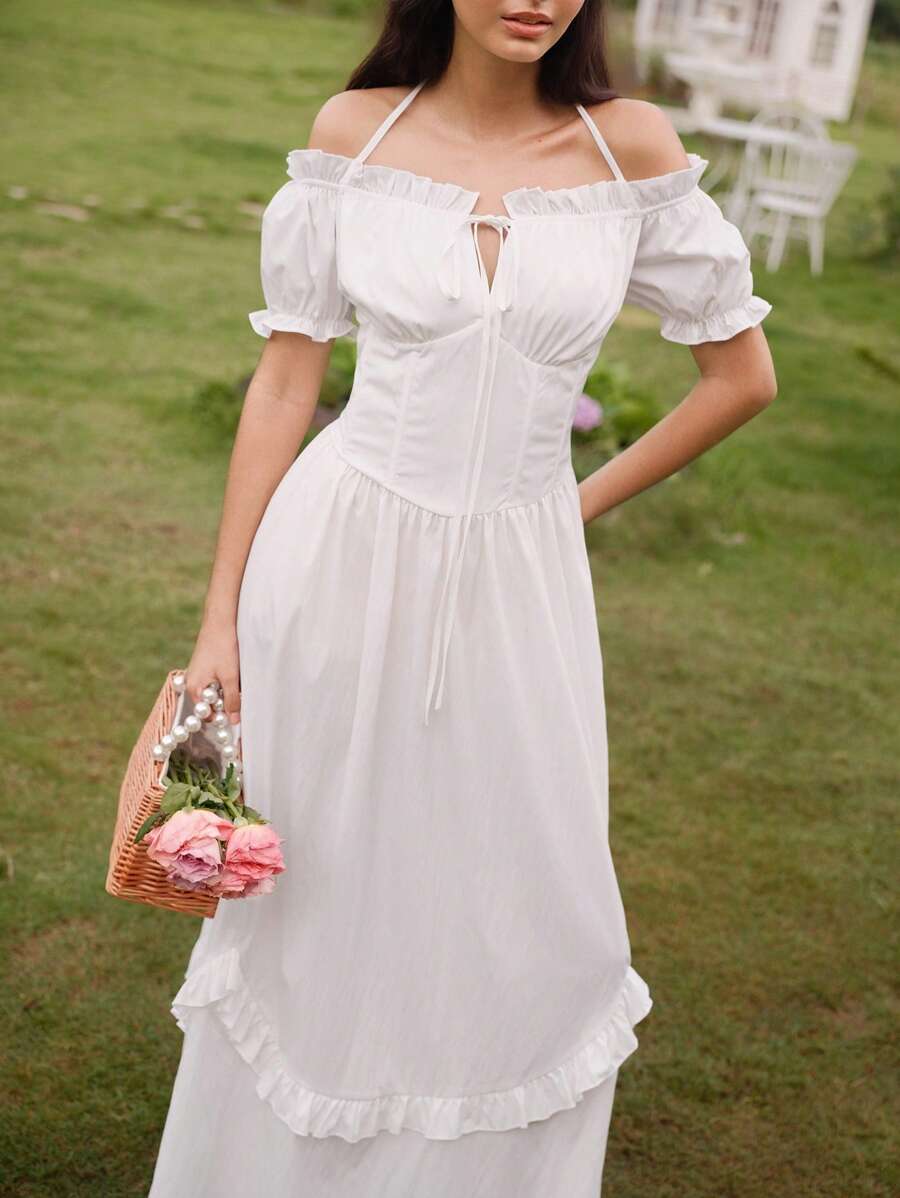Modelyn Women's Solid Color Off-Shoulder Flounce Hem Short Sleeve Elegant Dress - White - View 1