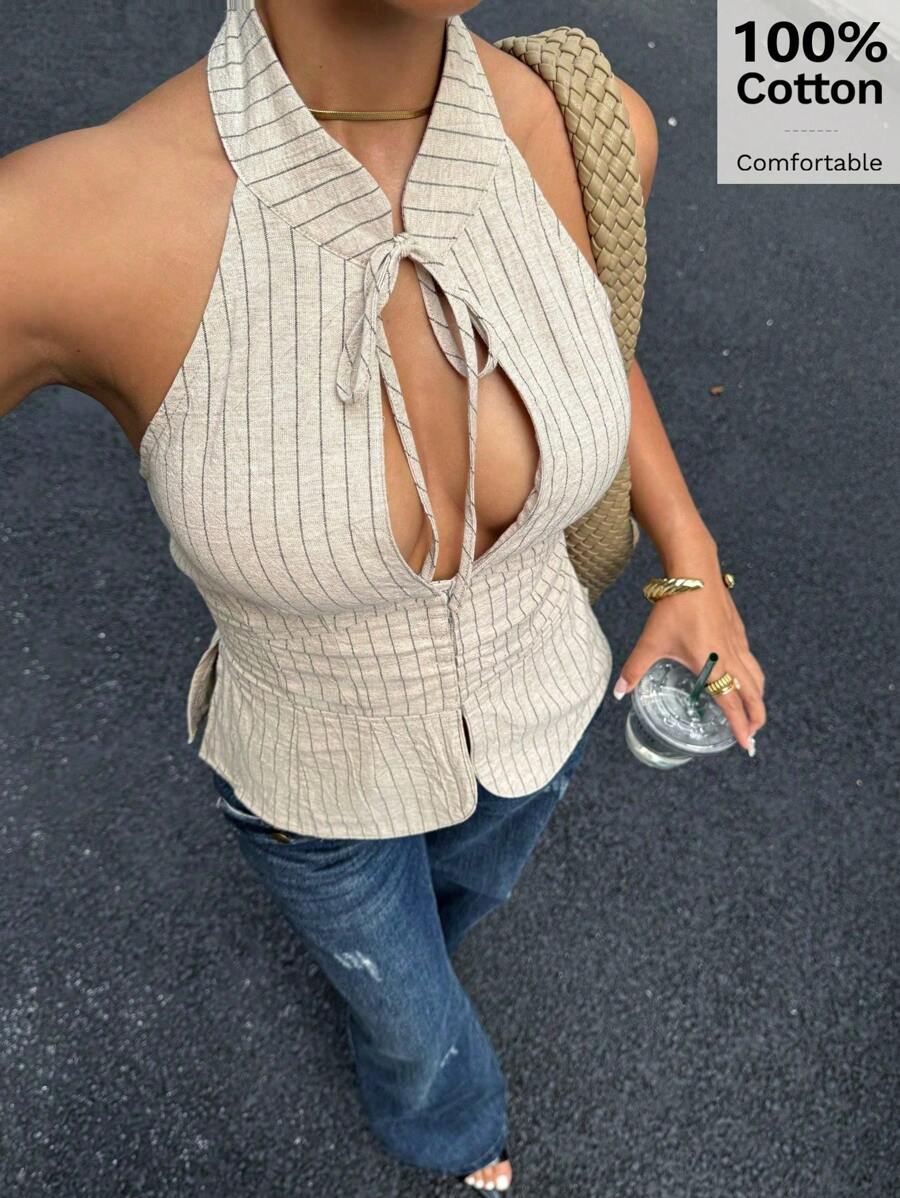 Siren Gaze Top ajustada tipo halter con cuello de lazo y calado, chaleco con abertura frontal para uso en exteriores para mujer