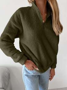 RueChic Của phụ nữ Màu thuần Thả vai Đứng cổ áo Sang trọng Áo nỉ - Màu Khaki - Xem 3