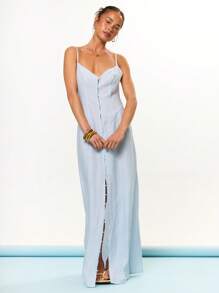 MUSERA 圆领纽扣宽松亚麻质感长裙，夏季度假节日可爱休闲优雅托斯卡纳阳光长裙毕业舞会 - 淺藍色 - 查看 1