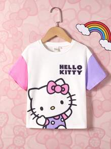 HELLO KITTY AND FRIENDS | SHEIN Young Girl Cute Cartoon Pattern Colorblock Casual Summer Loose Short Sleeve T-Shirt - Multicolor - View 1