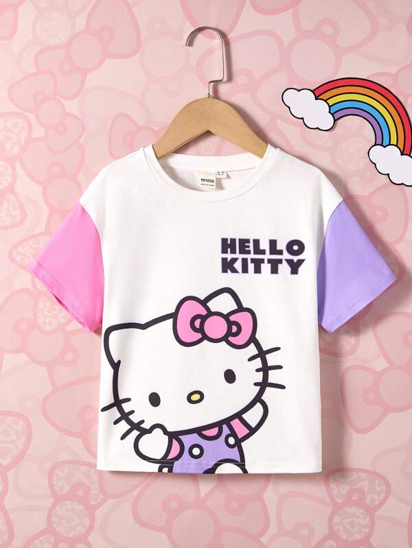 HELLO KITTY AND FRIENDS | SHEIN Young Girl Cute Cartoon Pattern Colorblock Casual Summer Loose Short Sleeve T-Shirt