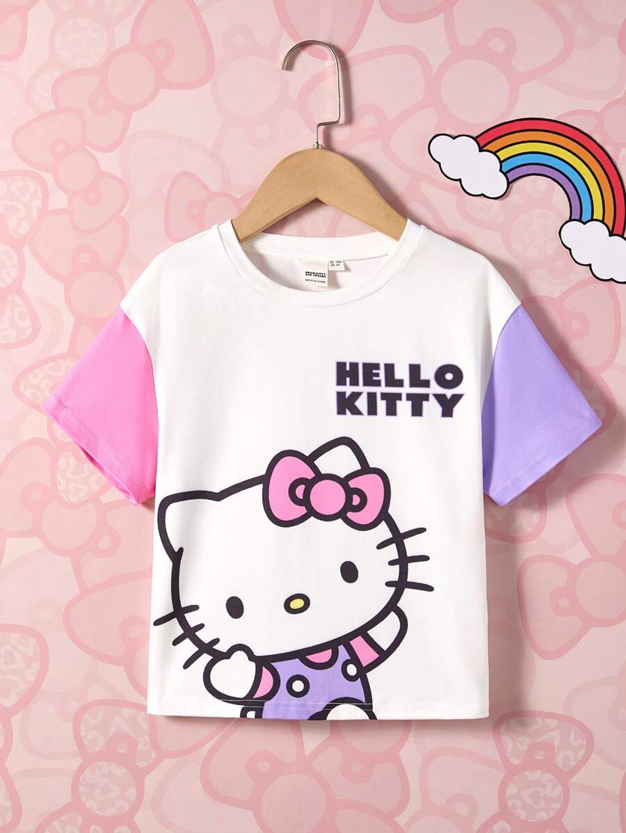 HELLO KITTY AND FRIENDS | SHEIN Young Girl Cute Cartoon Pattern Colorblock Casual Summer Loose Short Sleeve T-Shirt - Multicolor - View 1