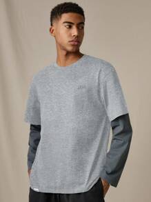 SWAVVY 男士时尚休闲针织宽松长袖拼布T恤，夏季 - 淺灰色 - 查看 1