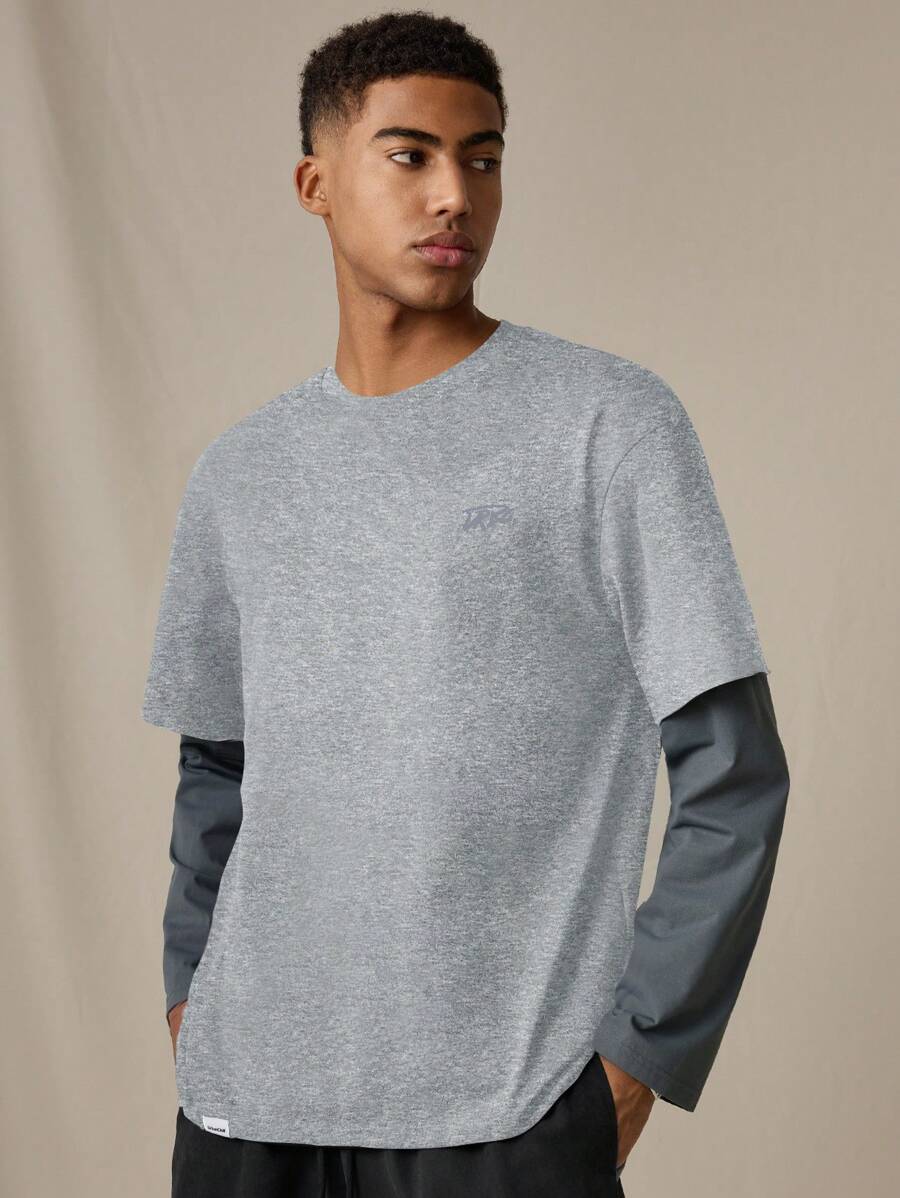 SWAVVY 男士时尚休闲针织宽松长袖拼布T恤，夏季 - 淺灰色 - 查看 1