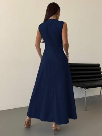 SHEIN Privé Summer New Women Elegant Simple Commute Casual Outdoor Travel Vacation Blue Sleeveless Front Button A-Line Midi Dress Navy Blue