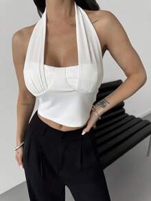 Firerie 女士优雅简约性感时尚新款休闲音乐节网眼露背紧身白色短款上衣 - 白色 - 查看 9