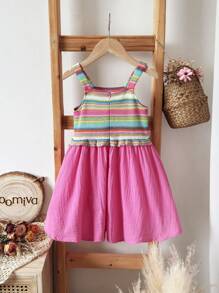 Loomiva Young Girls Rainbow Stripe Patchwork Knitted Waist Tight Casual Vacation Dress, Spring/Summer - Multicolor - View 2