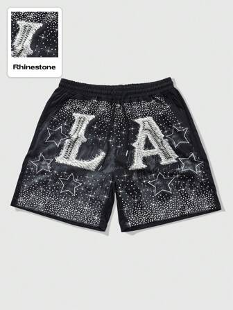Street Life Pantalones cortos casuales para hombres con estampado de eslogan y adornos de rhinestone, adecuados para primavera y verano