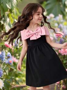 SHEIN Young Girl Color Block Knit Woven Patchwork Bow Decor Strap Dress - Pink - View 1