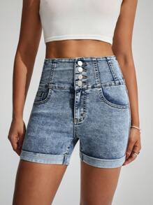 SHEIN EZwear سروال جينز قصير أنيق للسيدات مزود بجيوب وأزرار - أزرق متوسط - مشاهدة 3