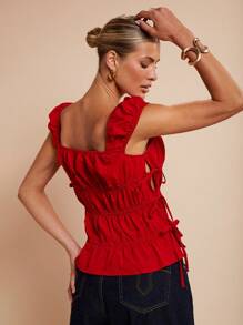 Camiseta de mujer elegante con volantes y lazada lateral para vacaciones, primavera/verano - Rojo - Ver 2