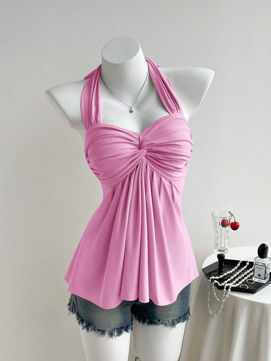 Comfortcana Parte superior casual de verano para mujer con cuello de halter y espalda retorcida en color rosa