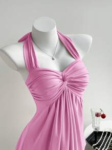 Comfortcana Parte superior casual de verano para mujer con cuello de halter y espalda retorcida en color rosa