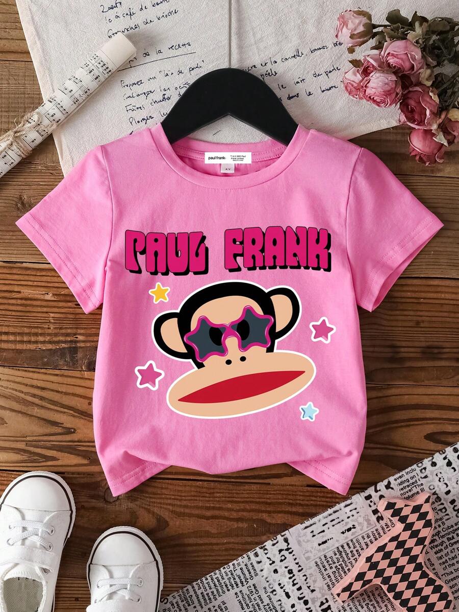Paul Frank X SHEIN Young Girl Short Sleeve Round Neck Casual, Comfortable Cartoon Monkey, Star & English Letter Graphic T-Shirt, Summer - Pink - View 1