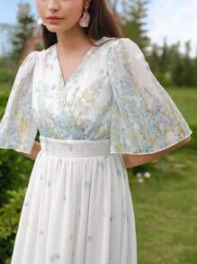 Modelyn Women's V-Neck Romantic Chiffon Placement Printed Dress, Spring/Summer