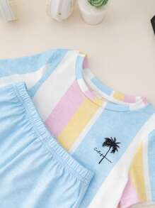SHEIN Leap Crew 2pcs/Set Baby Boy/Girl Cute Summer Casual Vacation Knit Striped Short Sleeve Top And Elastic Waist Shorts Set - Multicolor - View 7