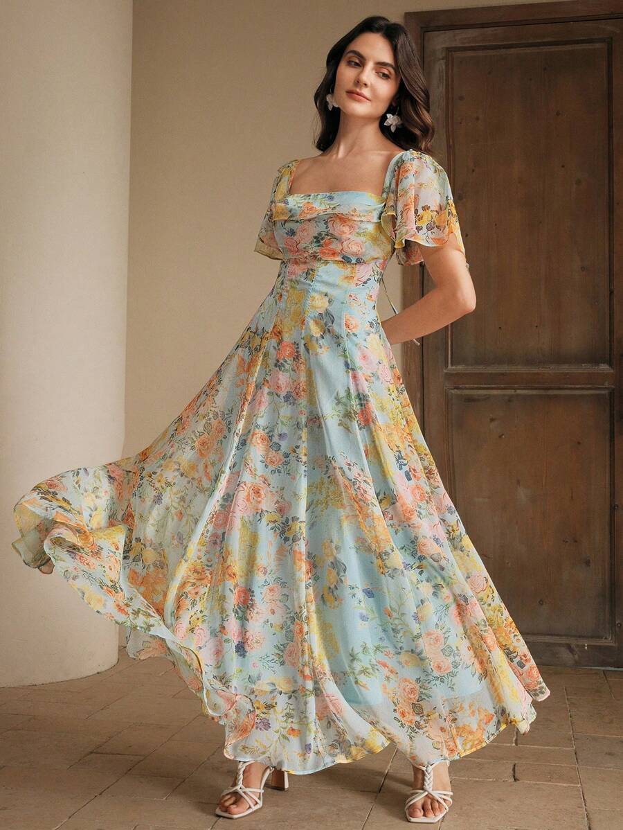 Anewsta 花卉优雅复活节假期早午餐服装女式印花飘逸花卉连衣裙，优雅休闲茶歇裙 - 藍色 - 查看 1