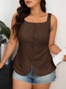 SHEIN Frenchy Camiseta sin mangas de talla grande de tejido texturizado con abertura delantera informal