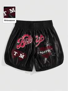 ROMWE MEN Prep Men's Elastic Waist Fashion Casual Slogan & Rhinestone Decor Boxing Shorts, Summer - Black - View 1