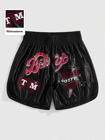 Street Life Short de boxe décontracté à la mode pour hommes, avec taille élastique, slogan et décoration de strass, pour l'été