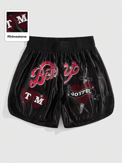 Street Life Men's Elastic Waist Fashion Casual Slogan & Rhinestone Decor Boxing Shorts, Summer
