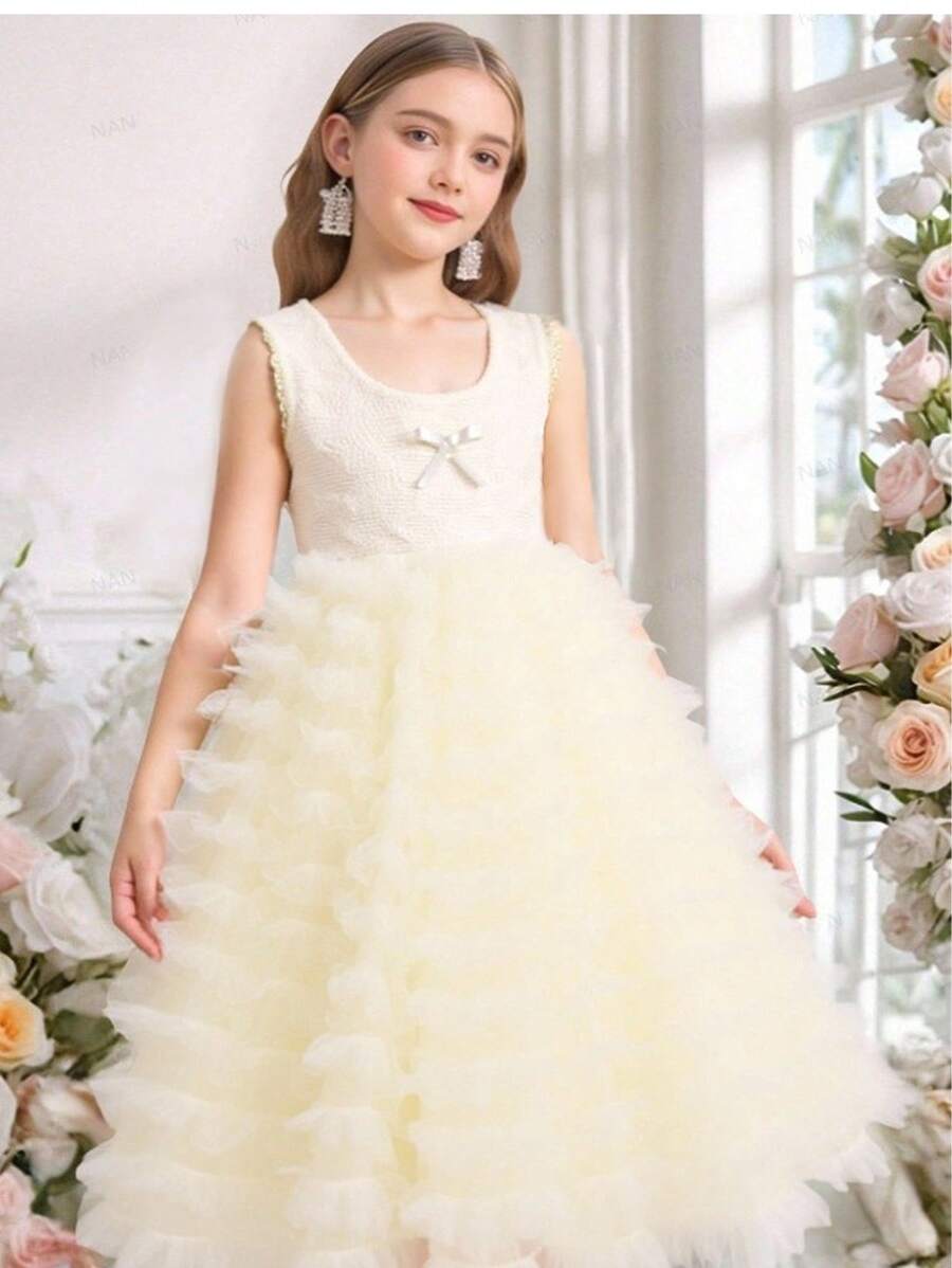 青少年女孩夏季网纱芭蕾舞裙，适合派对、婚礼、生日 - 杏色 - 查看 1