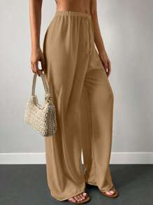 EURMUSE Solid Elastic Waist Wide Leg Trousers - Beige - View 3