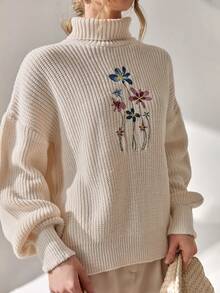 CLARA VERO Women Solid Color Turtleneck Flower Embroidery Drop Shoulder Chunky Pullover Turtleneck Sweater Women Floral Embroidered Sweater Knit Sweater Women's Winter Sweaters Balloon Sleeve Sweater,Jumper,Cream Jumper,Jumpers,Christmas Jumper,White Jumper,Black Jumper,Ladies Jumper,Women's Jumpers - Beige - View 7