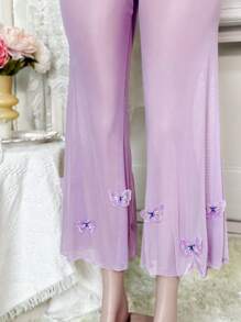 2pcs Purple Butterfly Mesh Sheer Decor Lingerie Set With Wide Leg Pants, Sexy Sleepwear For Women For Going Out - Purple - View 8