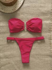 Swim Vcay Springbreak Women's Solid Color Strapless Metal Decorated Top And Thong Pink Bikini Set, Minimalist Two Pieces Swimsuit For Summer Beach Vacation - Red - View 1