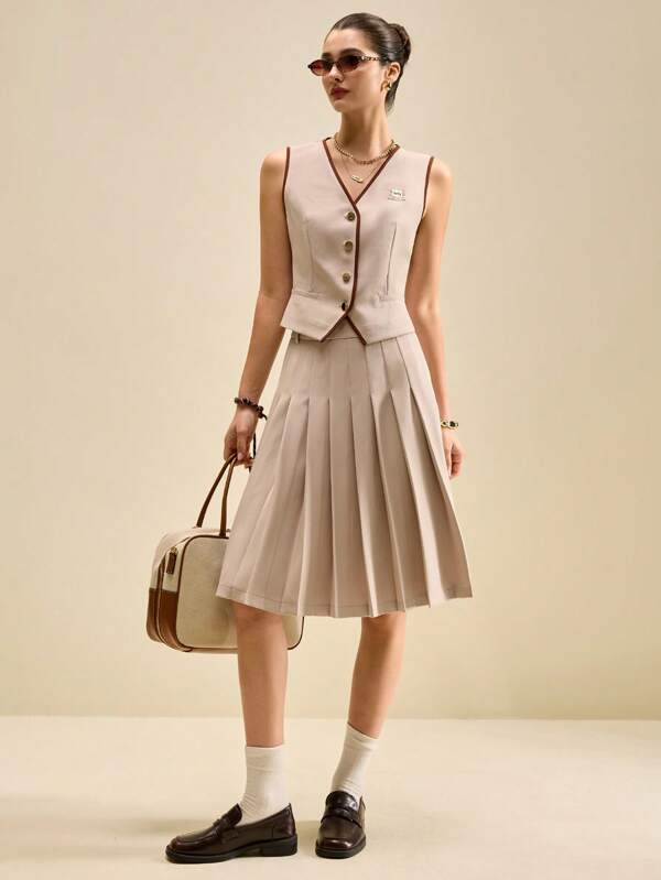Muvela 2pcs Women Fashion Contrast Trim Vest Top And Skirt Set, Elegant Graduation Outfit